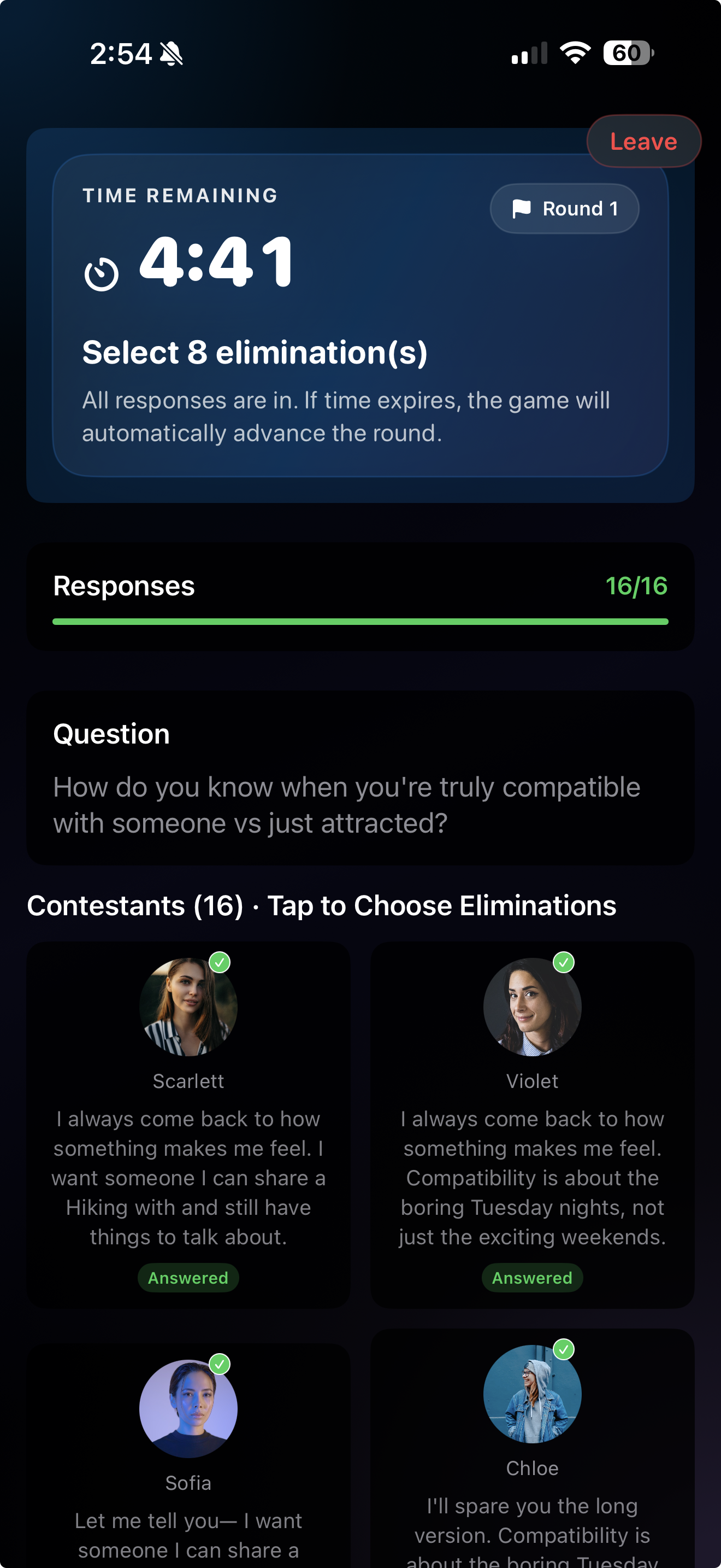 Bachelor game on Apollo showing contestant answers and elimination voting