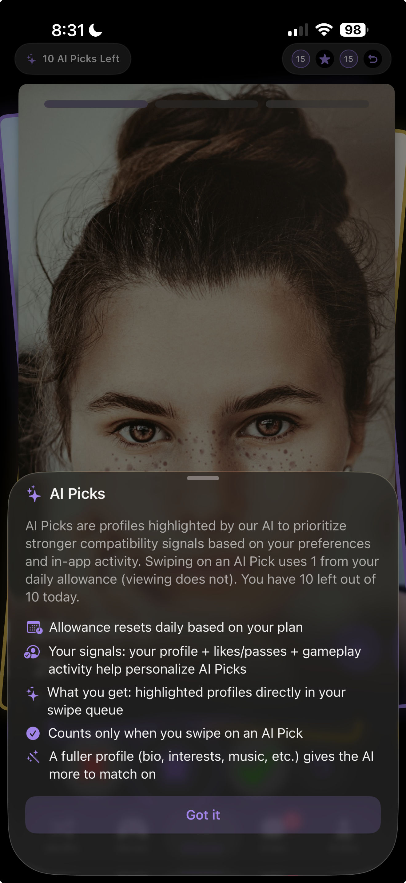 AI Picks on Apollo showing how the app prioritizes compatibility signals from your full profile