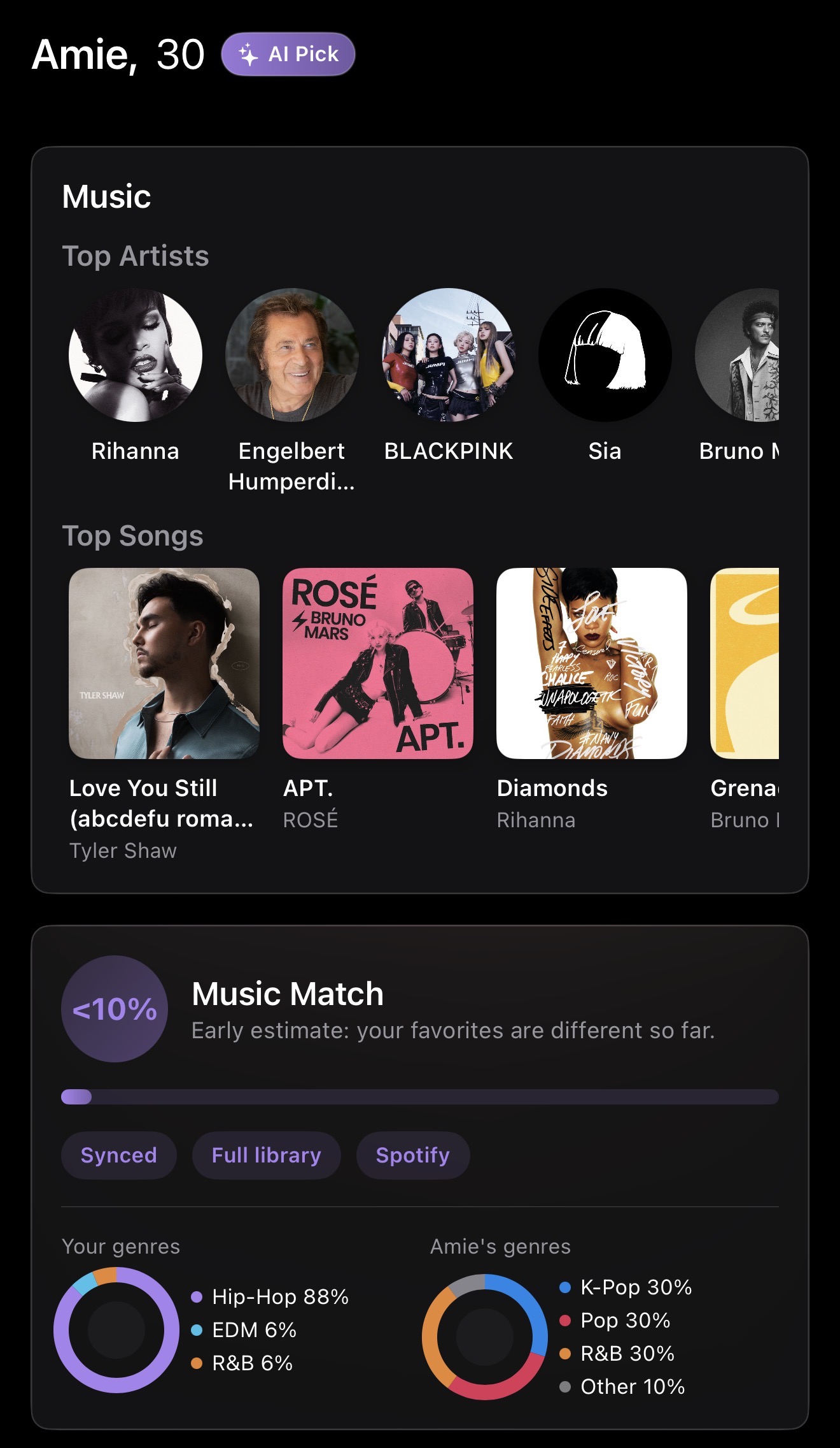 Music Match inside a profile showing shared top artists, top songs, and genre comparison