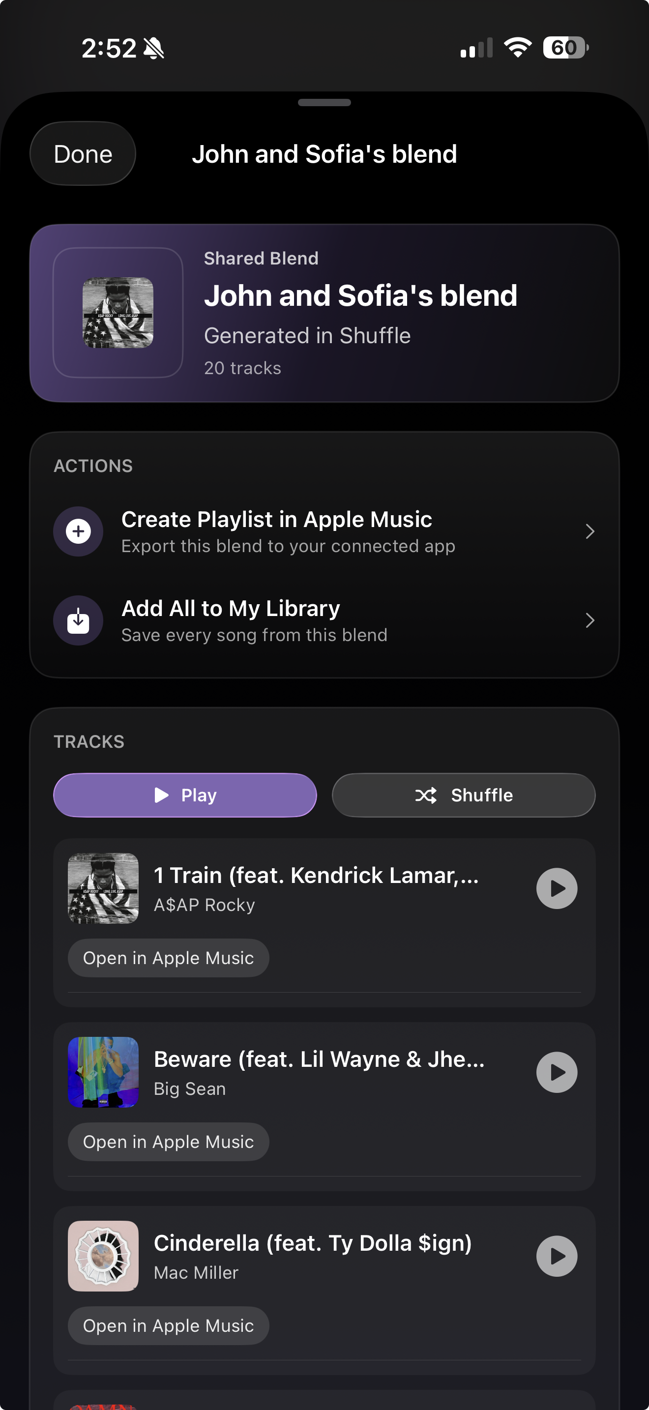 Shared Blend playlist on Apollo with tracks from both libraries and export to Apple Music