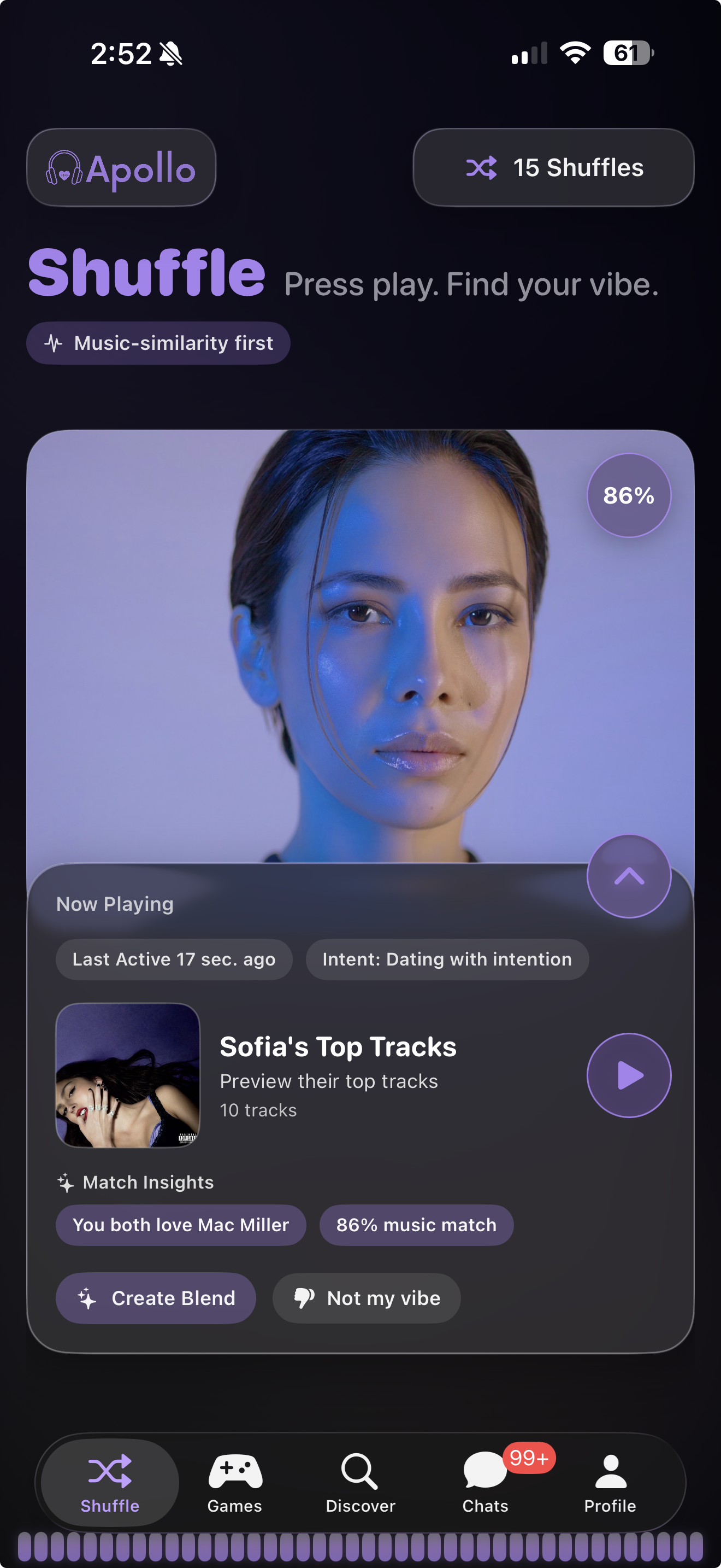 Apollo Shuffle view showing a match's profile while their top tracks play